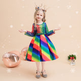 Children's Girls Long Sleeve Bow Colorful Puffy Skirt Christmas Performance Dress