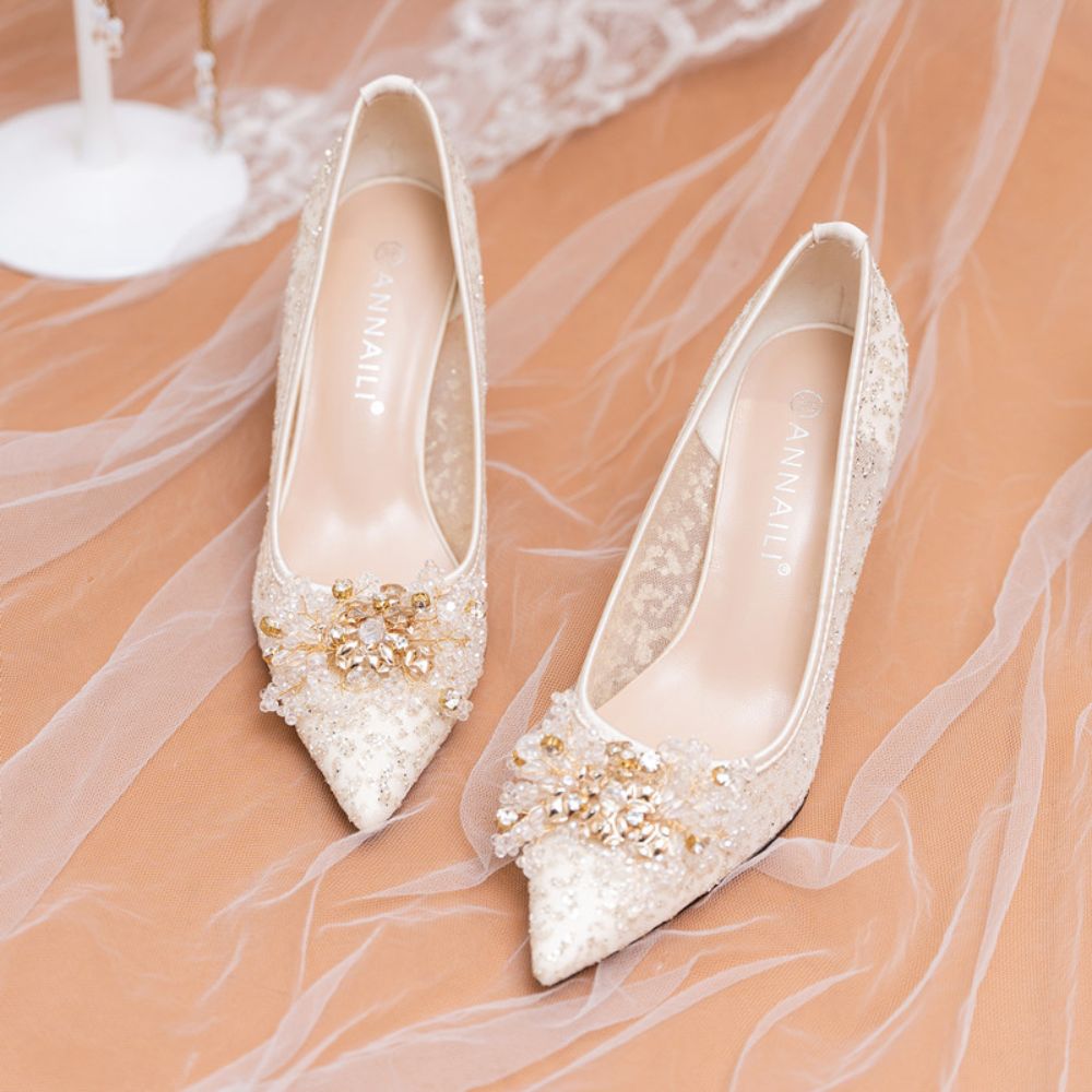 Rhinestone lace bridal shoes Pearl mesh sequined high heels