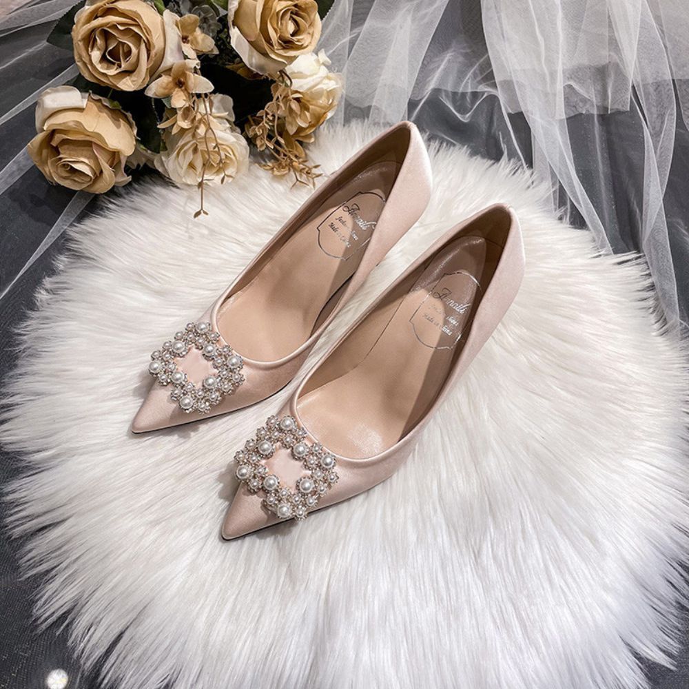 Pearl square buckle bridal shoes stiletto heel large size shoes