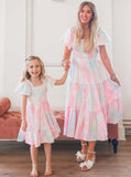 Sweet dress puff sleeve waist-tight parent-child skirt