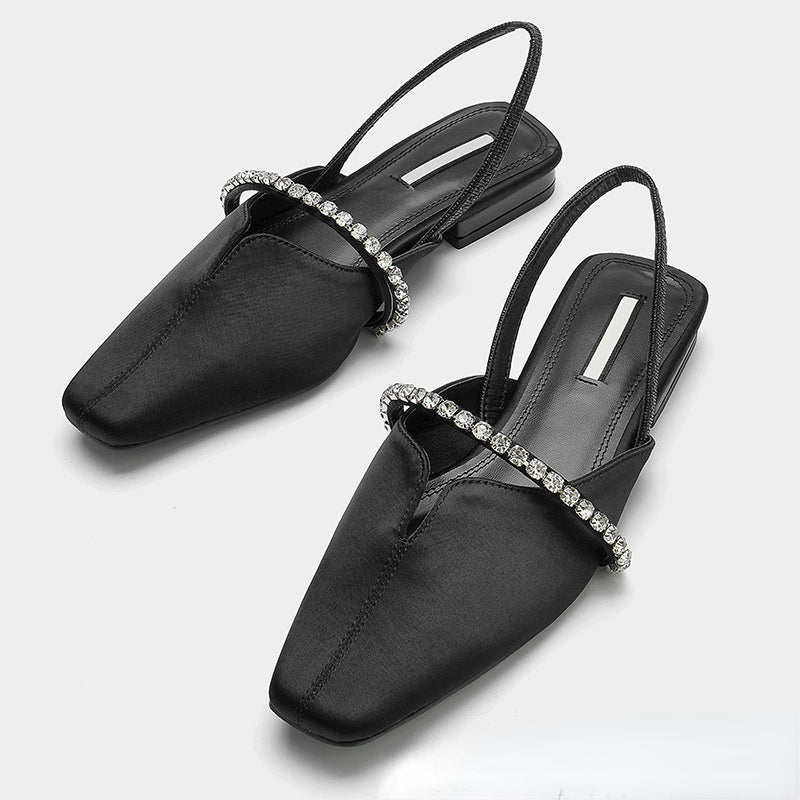 Women's shoes black satin rhinestone strap pumps square toe hollow flat sandals