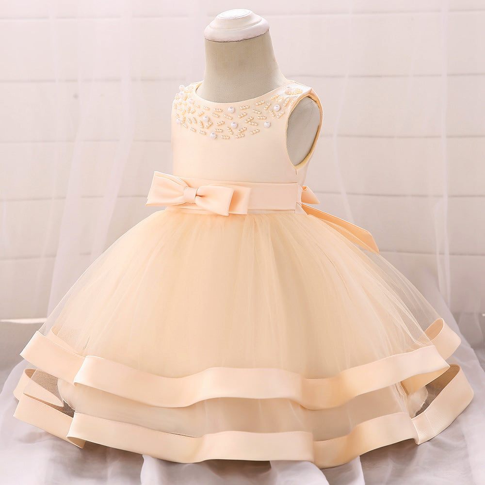 One Year Baby Dress Flower Wedding Performance Christmas Ball Gown Kids  Girls Pink Sweet Lace Costume With Bow Princess Dresses - AliExpress