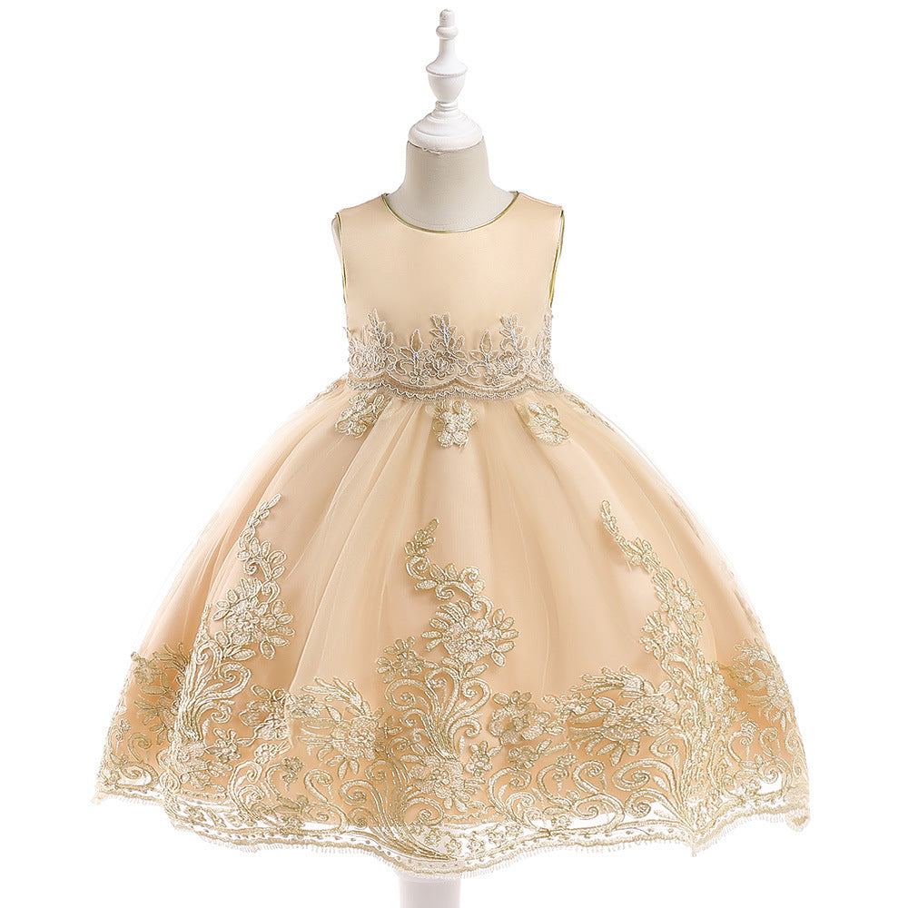 Gold Thread Embroidered Dress Girl Princess Dress Embroidered Lace Wedding Dress