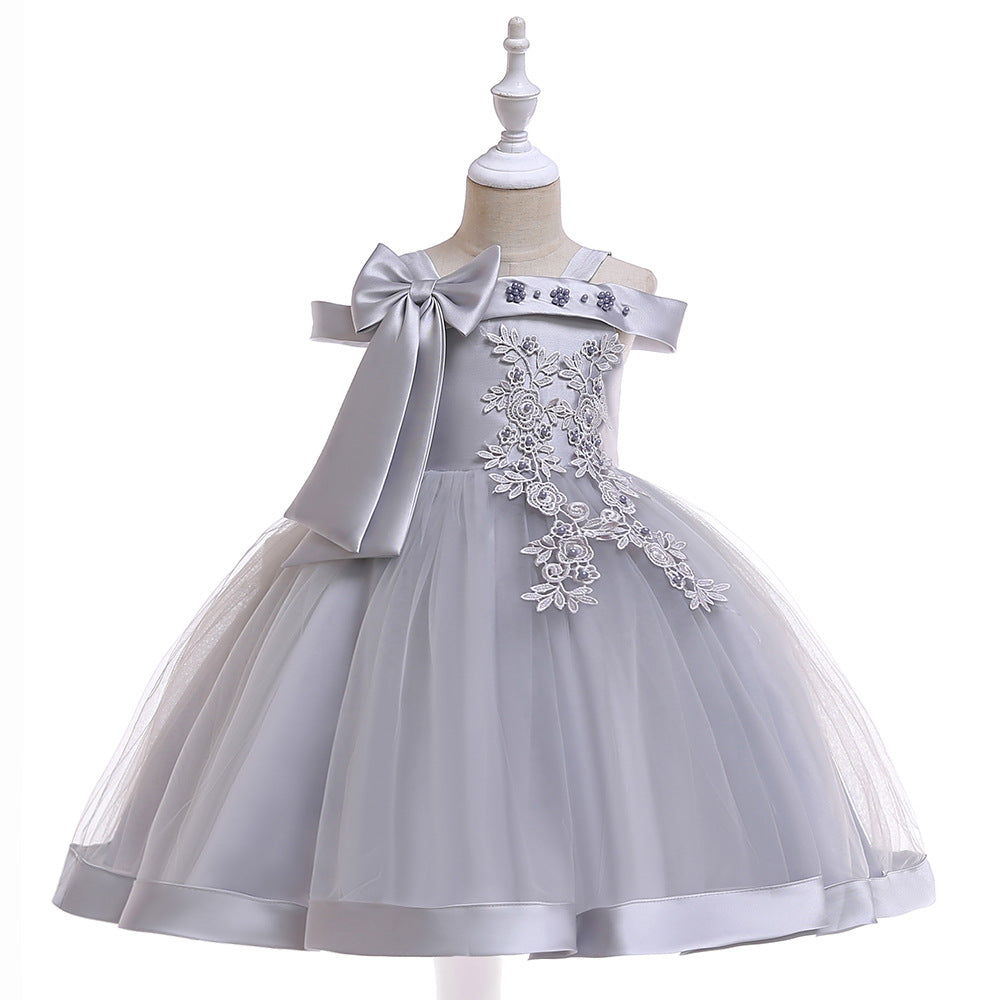 Girl's One-Line Shoulder Strap Dress Bowknot Nail Bead Wedding Dress Princess Dress