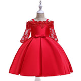 New Kids Dress With One-Line Shoulder Lace Hollowed-Out Long-Sleeve Princess Dress
