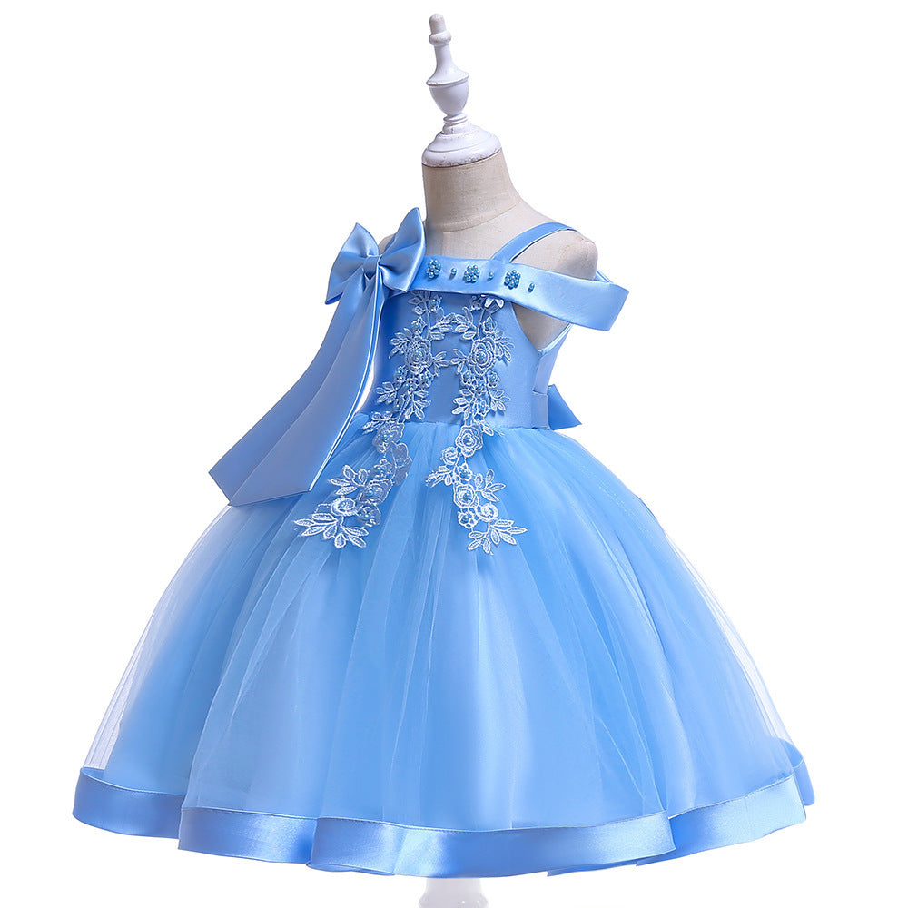 Girl's One-Line Shoulder Strap Dress Bowknot Nail Bead Wedding Dress Princess Dress