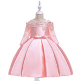 New Kids Dress With One-Line Shoulder Lace Hollowed-Out Long-Sleeve Princess Dress
