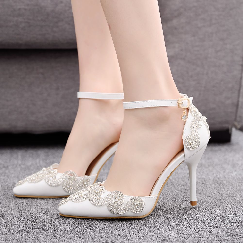 Stiletto heel pointed plus size sandals Rhinestone Wedding shoes bridal Wedding Heels
