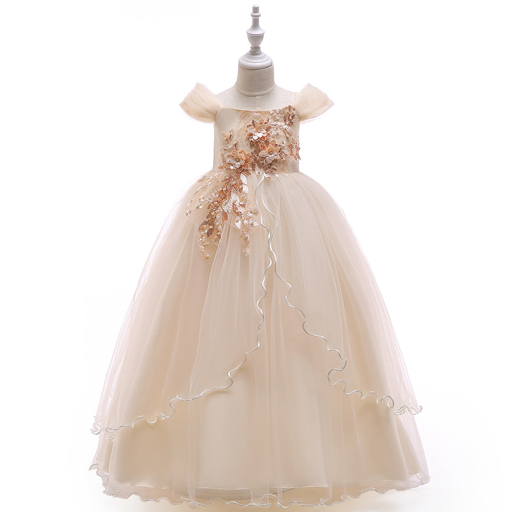 One-Shouldered Dress Applique Wedding Dress Full Skirt Host Performance Dress