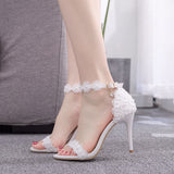 High heel sandals bridesmaid wedding buckle lace flower stiletto peep-toe Roman sandals
