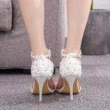 High heel sandals bridesmaid wedding shoes buckle lace beaded stiletto peep-toe Roman sandals