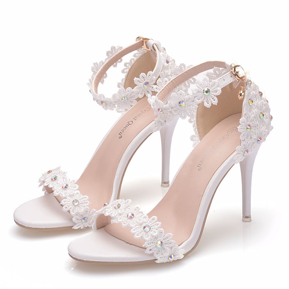 High heel sandals bridesmaid wedding shoes buckle lace beaded stiletto peep-toe Roman sandals