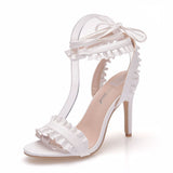 9cm white lace-up high-heeled sandals flounced strap Roman high heel sandals plus size sandals stiletto peep-toe