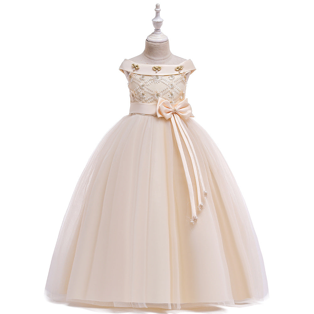 European And American One Shoulder Girls Dress Princess Dress Bow Children's Wedding Dress