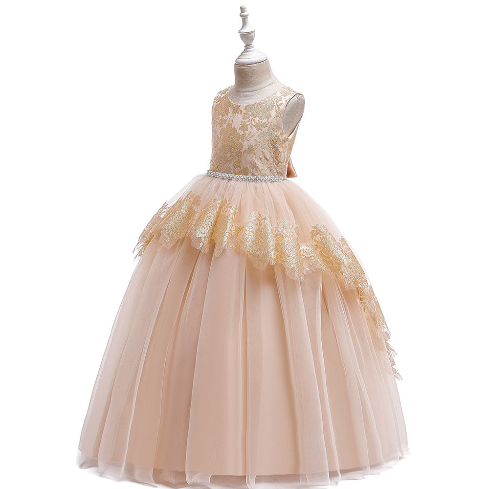 New Children's Dress Princess Dress Multi-Layer Mesh Princess Dress Bronzed Gold Girls Runway Full Skirt Dress