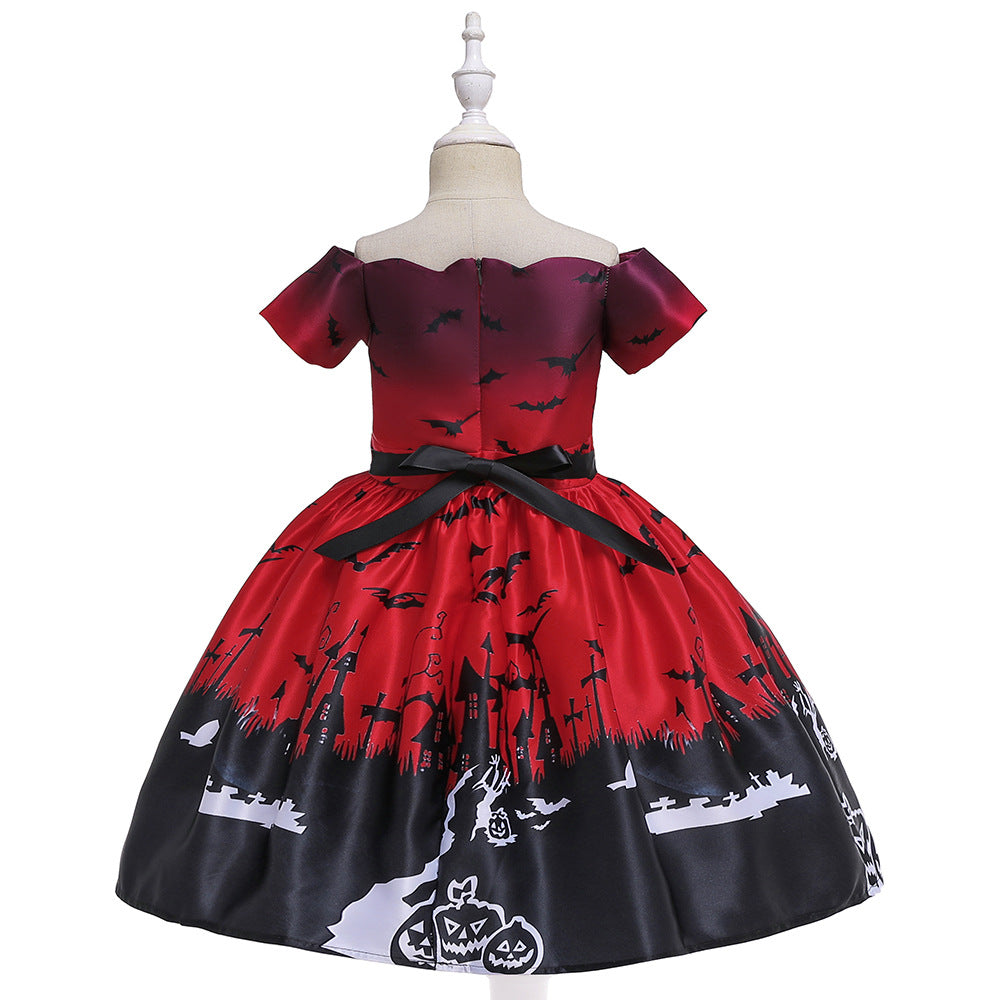Children's Girls' Off Shoulder Pumpkin Bat Printed Halloween Performance Dress Princess Dress