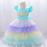 Children's Girl Unicorn Flying Sleeve Color Matching Cake Yarn Skirt Fluffy Dress Princess Dress