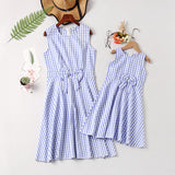 Women's bow Plaid crew neck parent-child dress