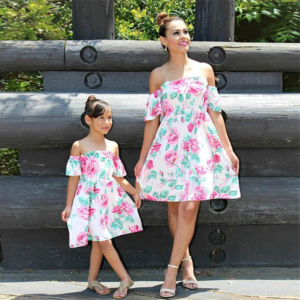 spring and summer new mother daughter one shoulder printed Ruffle Dress for parents and children