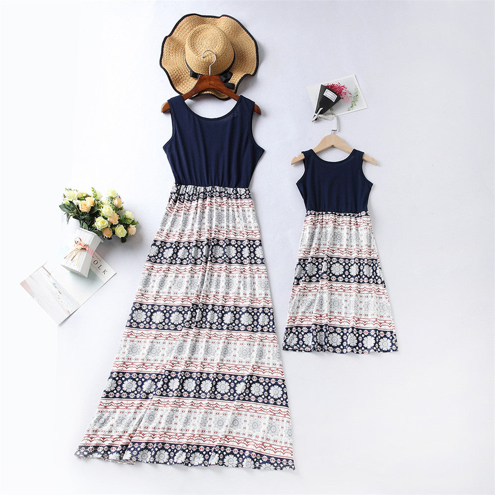 Parent child back cross mother women's patchwork printed dress long skirt