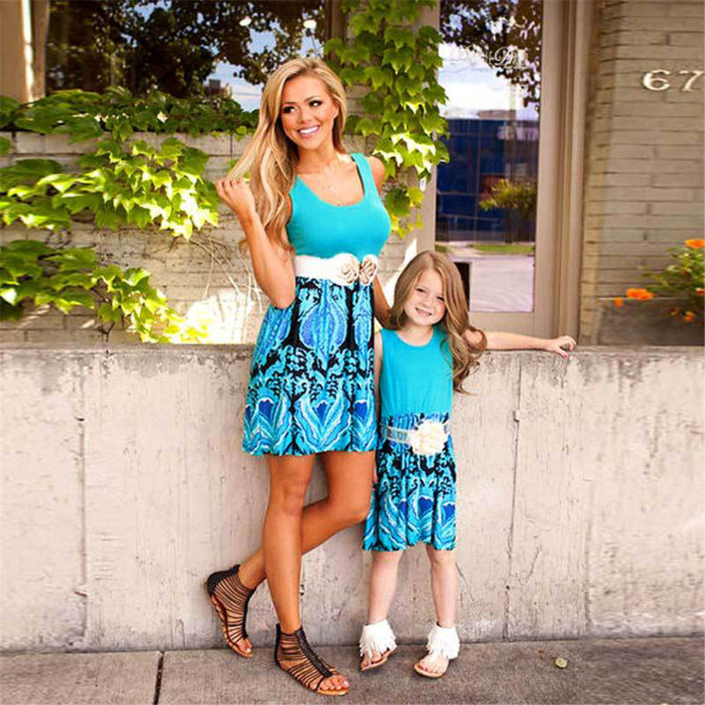 New spring and summer pattern stitched parent-child mother daughter dress