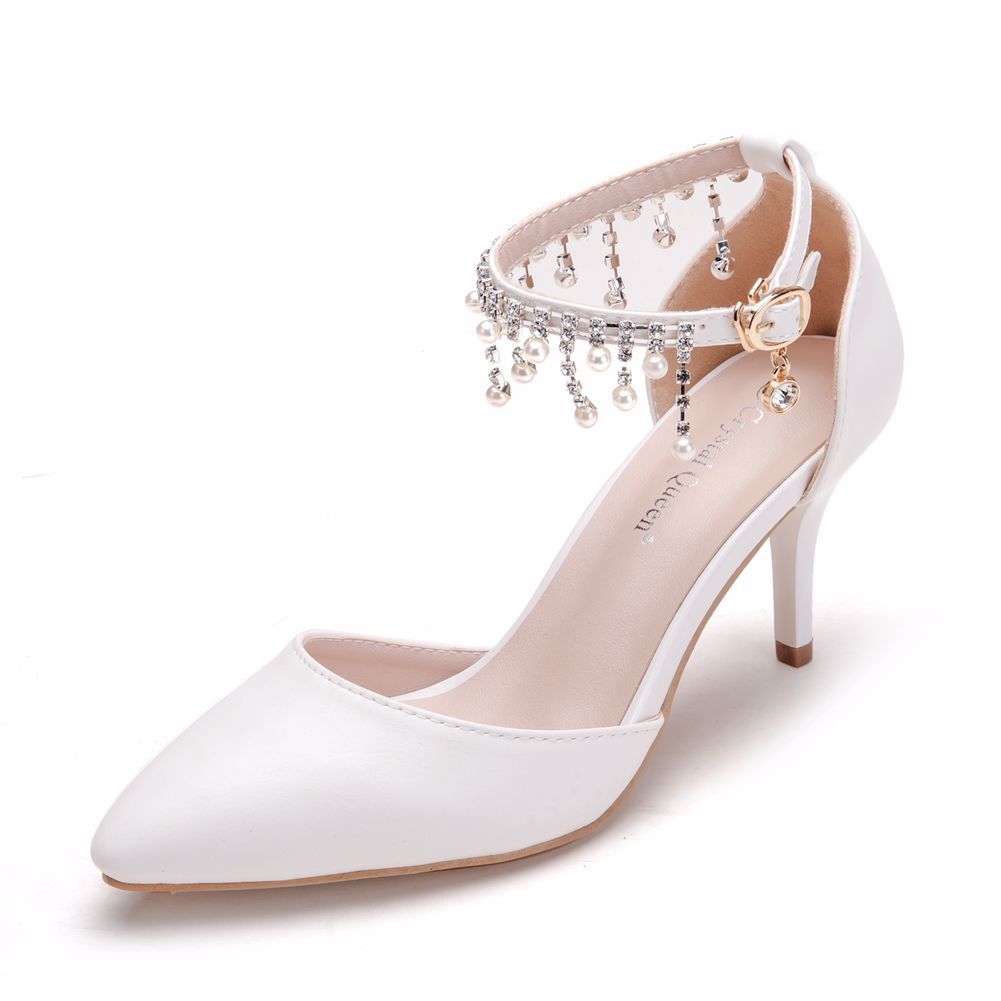 Large size sandals stiletto heel pointed toe beaded tassel sandals white high heels wedding shoes
