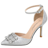 Satin pointed high heel stiletto heel hollow buckle strap bridal shoes