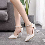 White lace Rhinestone Wedding shoes one-strap stiletto heel pointed wedding dress women's sandals