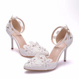 White lace Rhinestone Wedding shoes one-strap stiletto heel pointed wedding dress women's sandals