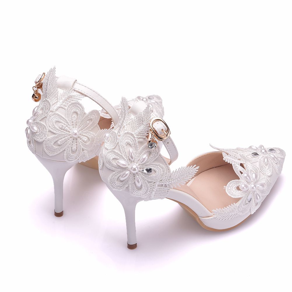 White lace Rhinestone Wedding shoes one-strap stiletto heel pointed wedding dress women's sandals
