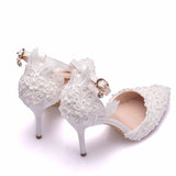 9cm sandals white lace beaded wedding shoes one-word wrist strap stiletto heel pointed wedding women's sandals
