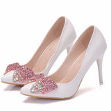 Colorful rhinestone bow high heel pumps sexy stiletto heel pointed toe shoes large size stiletto heel pumps women