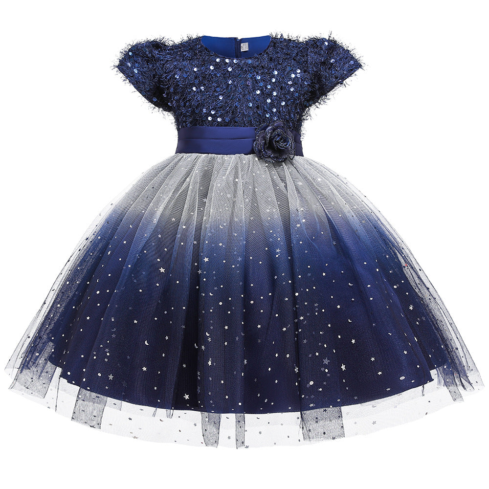 Children's Girls' Sequin Gauze Fluffy Skirt Starry Sky Contrast Color Piano Performance Dress Princess Dress Wedding Dress