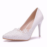 Stiletto heel pointed toe sexy pumps women's white lace flower wedding shoes bride and bridesmaid shoes high heels
