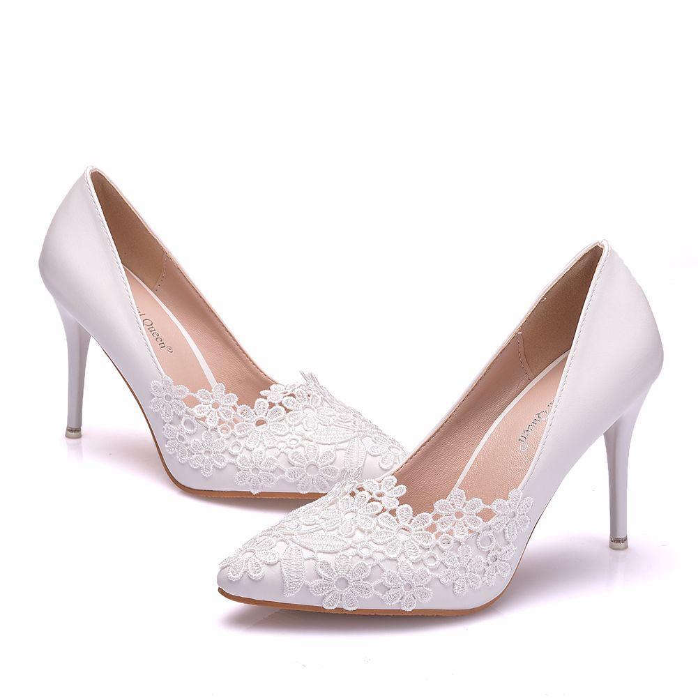 Stiletto heel pointed toe sexy pumps women's white lace flower wedding shoes bride and bridesmaid shoes high heels