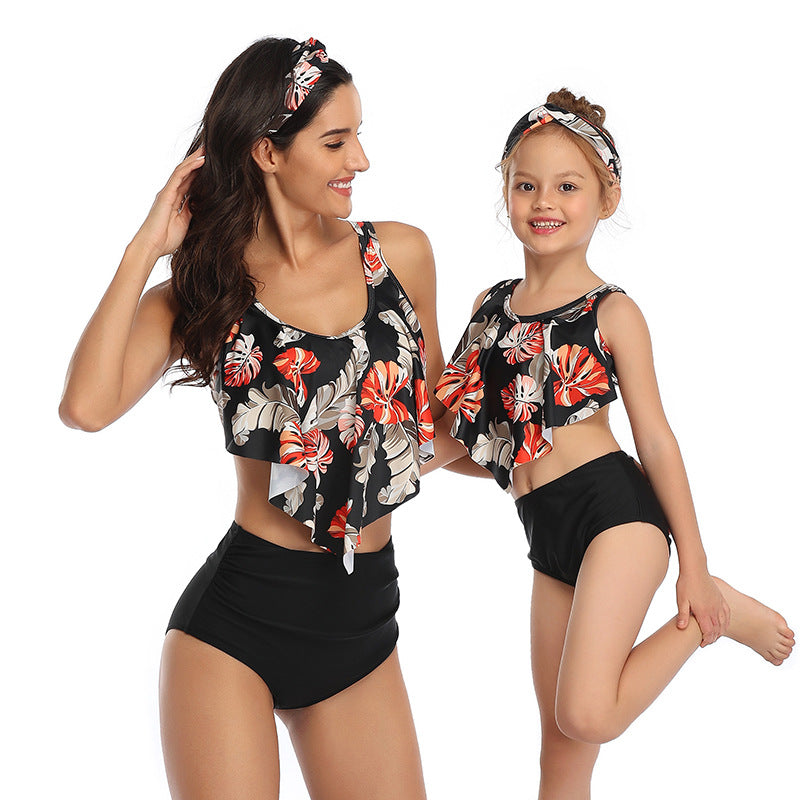 Women's two-piece swimsuit printed high waist bikini flounced parent-child swimwear for Mom and Me