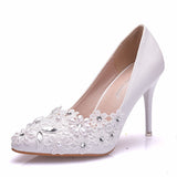Stiletto pointed-toe shoes women's white lace beaded flower wedding shoes bride and bridesmaid shoes high heels