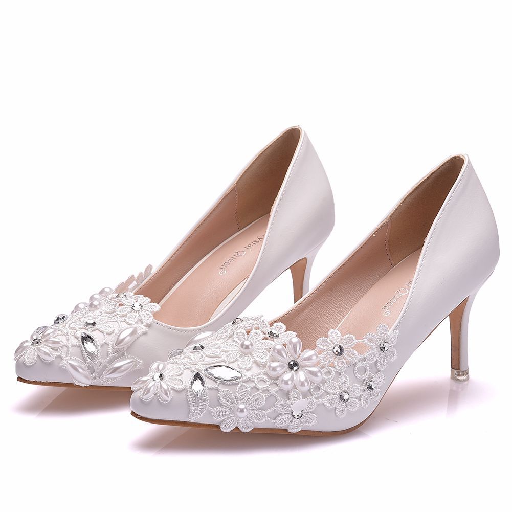 7cm pointed toe shoes stiletto heel mid-heel shoes plus size women's shoes lace beaded flower wedding shoes