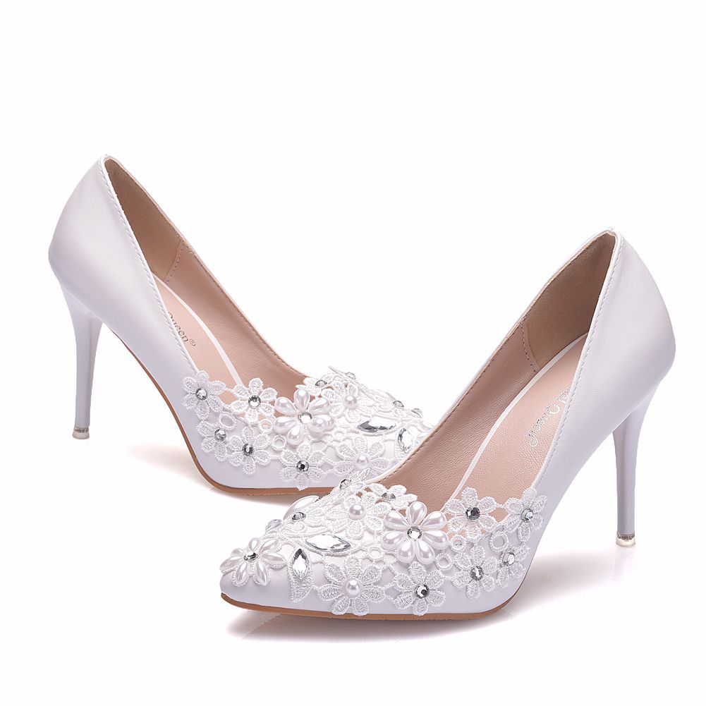 Stiletto pointed-toe shoes women's white lace beaded flower wedding shoes bride and bridesmaid shoes high heels