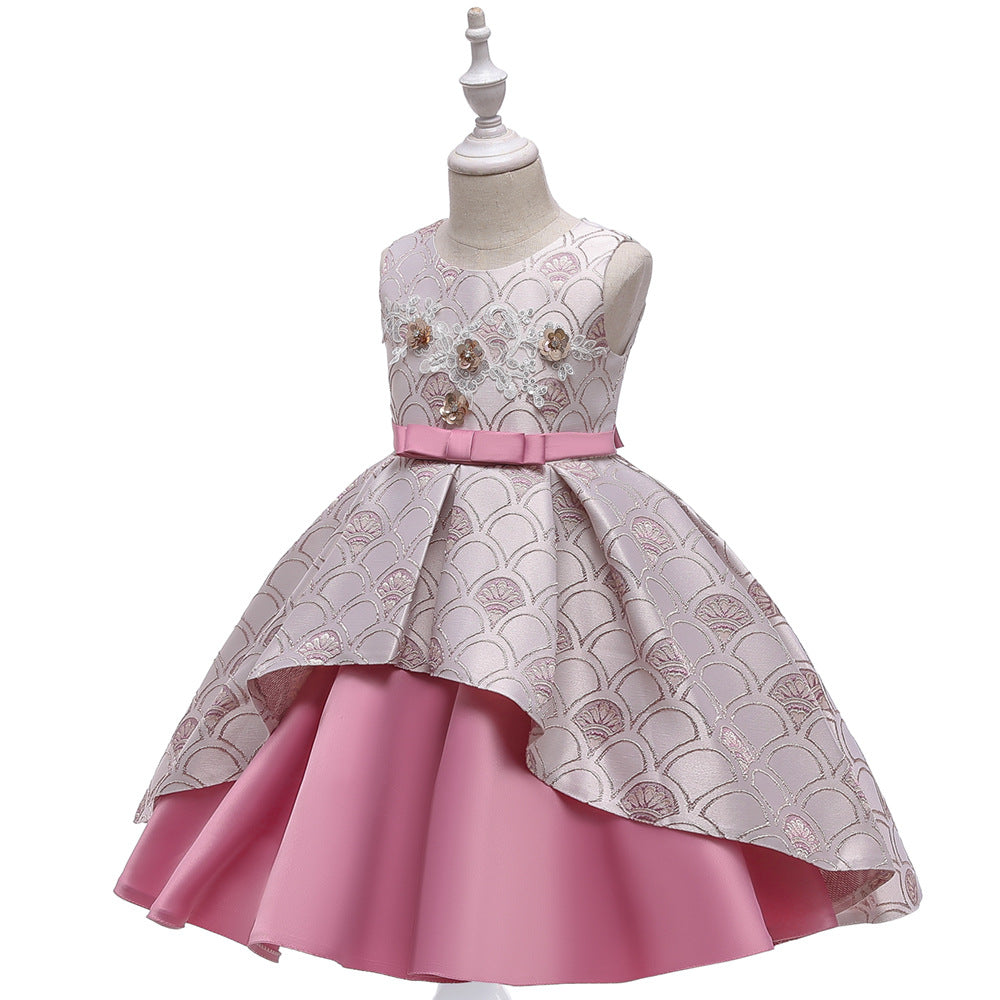Girls' Printed Beaded Flower Princess Dress