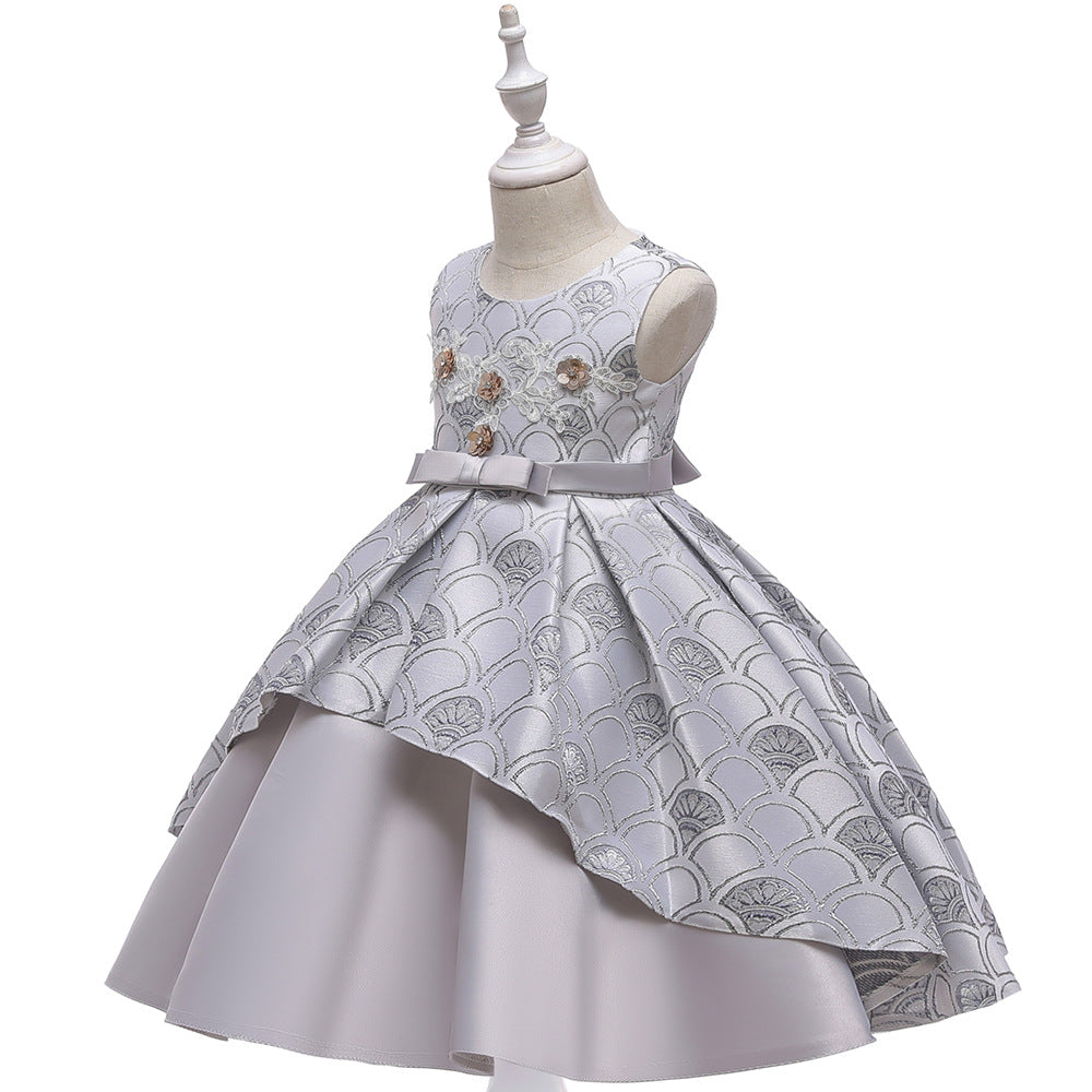 Girls' Printed Beaded Flower Princess Dress