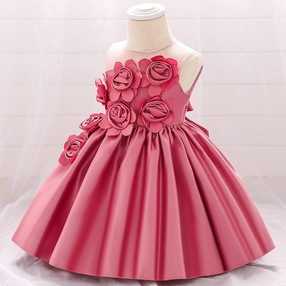 Children's And Girls' First Birthday Satin Flower Dress