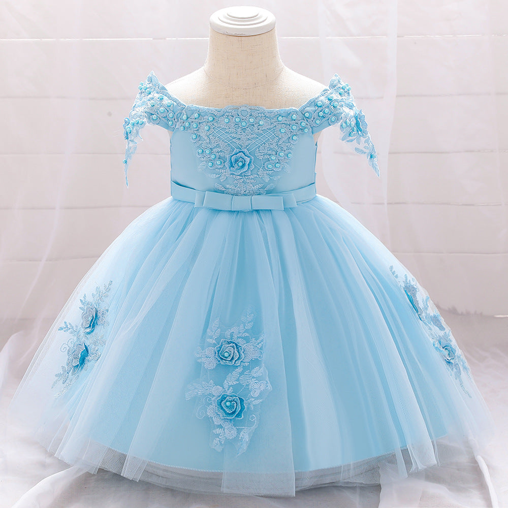 The New European And American Girls Dress Nail-Beaded Flower Gauze Pompous Princess Dress