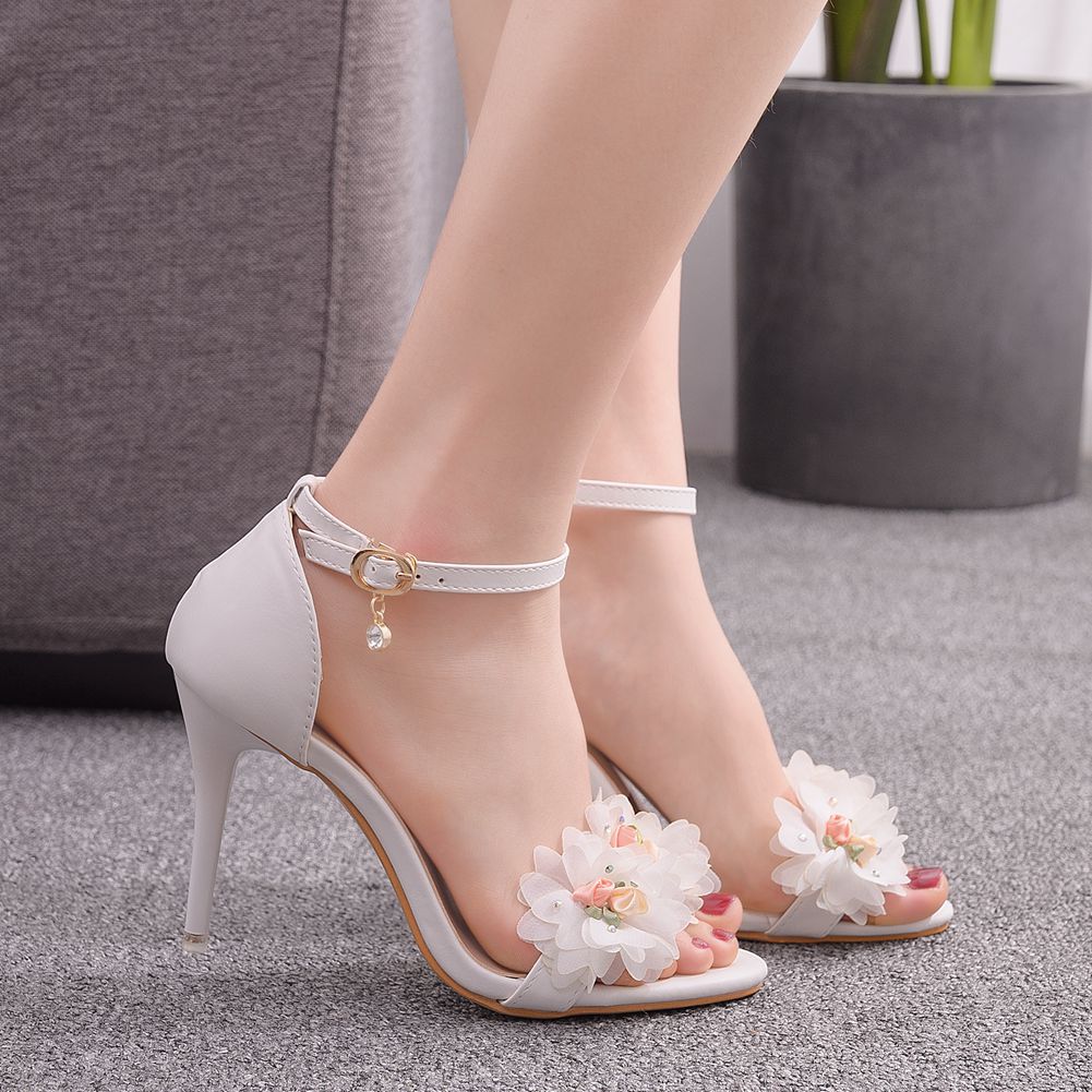Stiletto open toe sandals plus size high heel sandals white flower wedding shoes bridesmaid dress skirt shoes