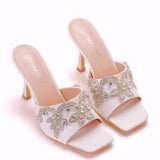 Square toe sandals slippers wine glass heel fashion women's classy shoes white square toe sandals women's Rhinestone