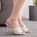 Square toe sandals slippers wine glass heel temperament lace shoes white square toe sandals women's rhinestone low-cut shoes