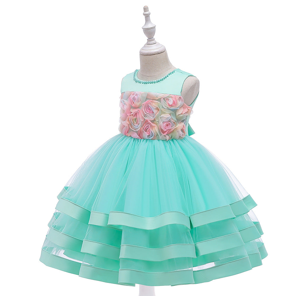 New Children's Dress Sleeveless Beaded Flower Gauze Pompous Dress Flower Child Dress