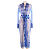 Women's large size sexy lingerie long lace cardigan nightgown adult pajamas mesh transparent dress