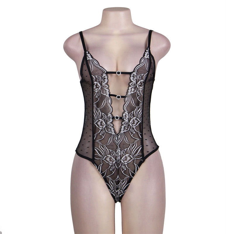 Lace sexy lingerie jumpsuit sexy halter temptation three-point see-through pajamas fishnet clothes