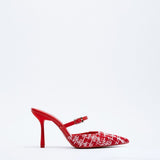 Women's shoes red plaid fabric slingback high heels pointed toe stiletto toe box half slippers